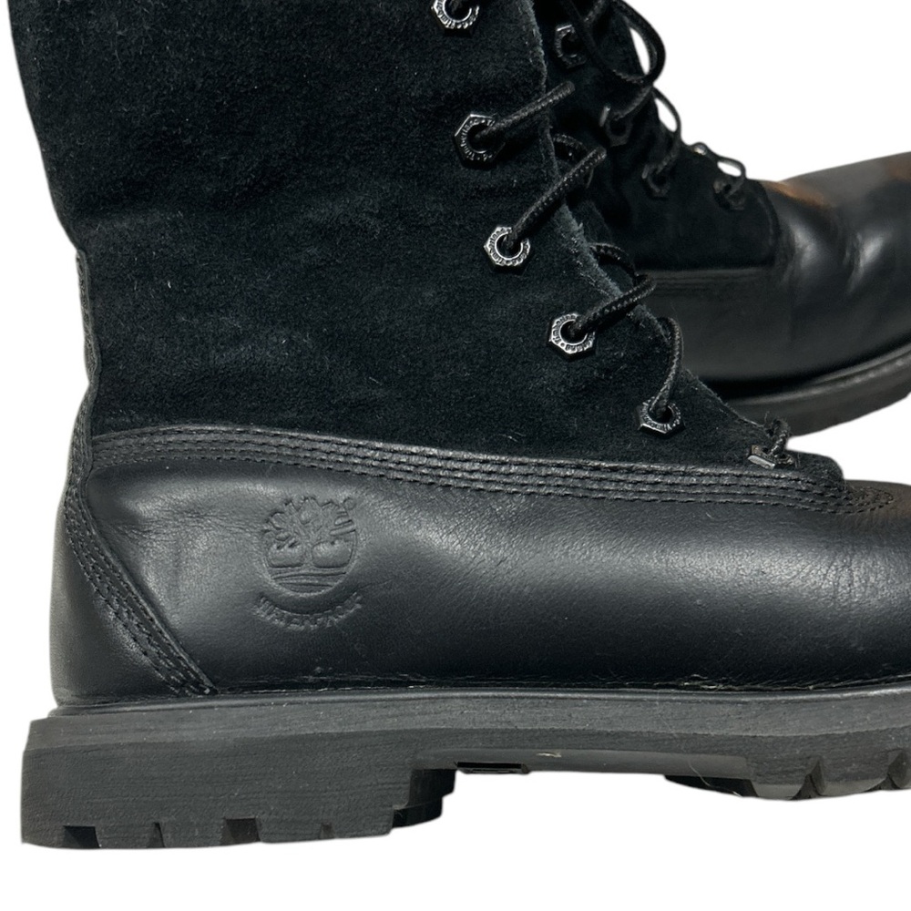 Timberland Black Leather Teddy Fleece Waterproof Fold Down Boots Lace Up Sz 9 - Picture 10 of 16